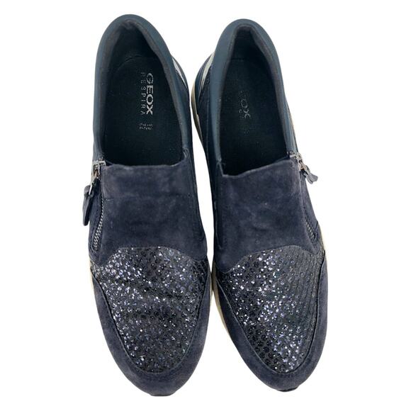 Geox Respira Omaya Navy Suede Slip-On Sneakers w/ Glitter | Women's Size 10.5 - Picture 2 of 5